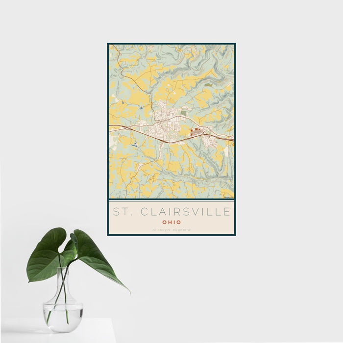 16x24 St. Clairsville Ohio Map Print Portrait Orientation in Woodblock Style With Tropical Plant Leaves in Water