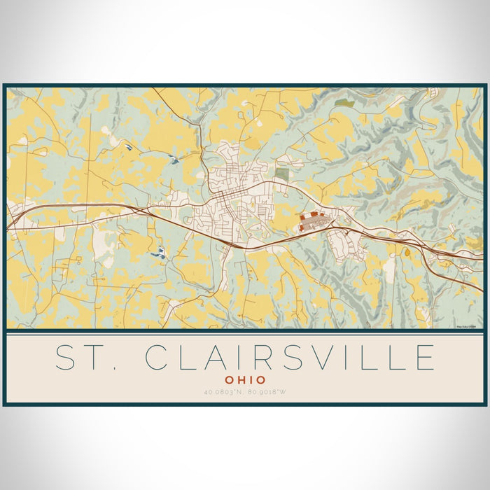 St. Clairsville Ohio Map Print Landscape Orientation in Woodblock Style With Shaded Background