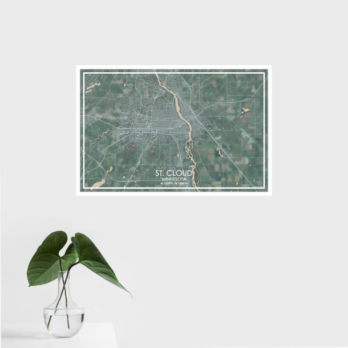 16x24 St. Cloud Minnesota Map Print Landscape Orientation in Afternoon Style With Tropical Plant Leaves in Water