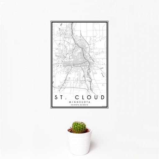 12x18 St. Cloud Minnesota Map Print Portrait Orientation in Classic Style With Small Cactus Plant in White Planter