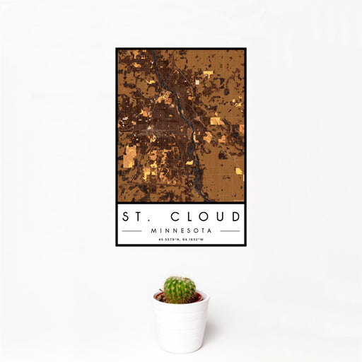 12x18 St. Cloud Minnesota Map Print Portrait Orientation in Ember Style With Small Cactus Plant in White Planter