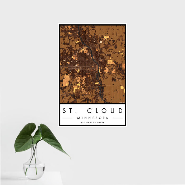 16x24 St. Cloud Minnesota Map Print Portrait Orientation in Ember Style With Tropical Plant Leaves in Water
