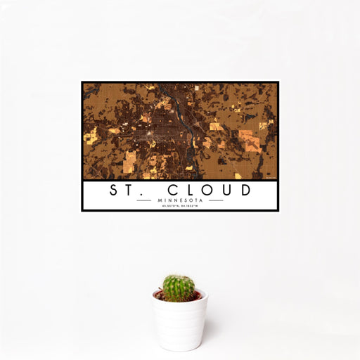 12x18 St. Cloud Minnesota Map Print Landscape Orientation in Ember Style With Small Cactus Plant in White Planter