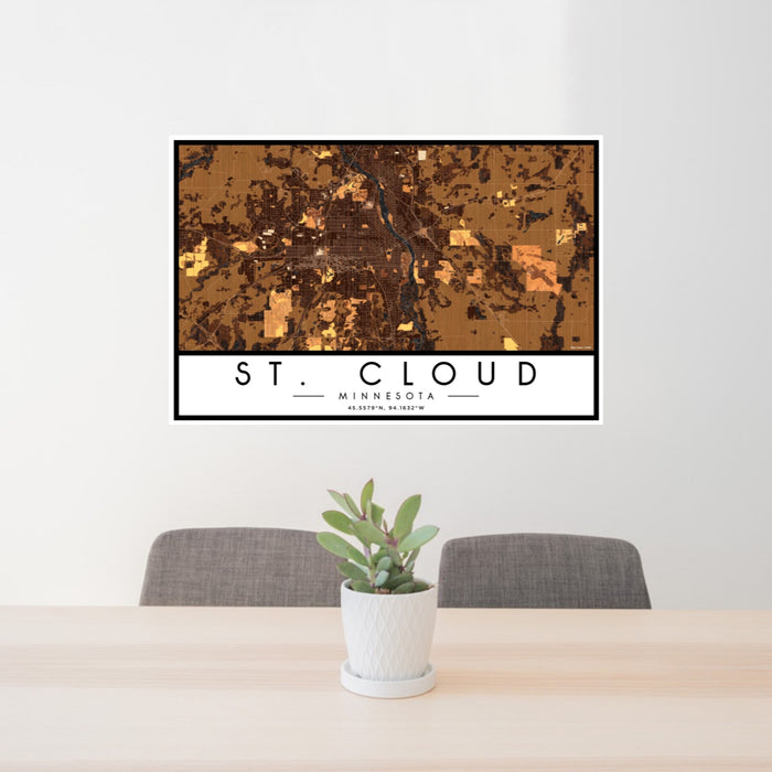 24x36 St. Cloud Minnesota Map Print Landscape Orientation in Ember Style Behind 2 Chairs Table and Potted Plant