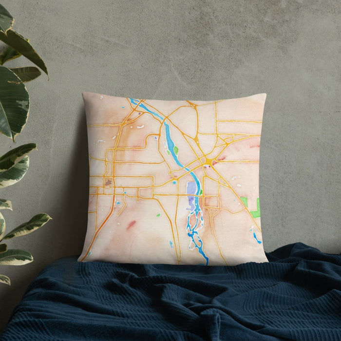 Custom St. Cloud Minnesota Map Throw Pillow in Watercolor on Bedding Against Wall
