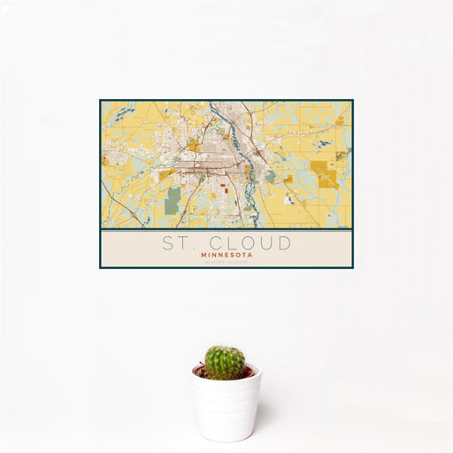 12x18 St. Cloud Minnesota Map Print Landscape Orientation in Woodblock Style With Small Cactus Plant in White Planter