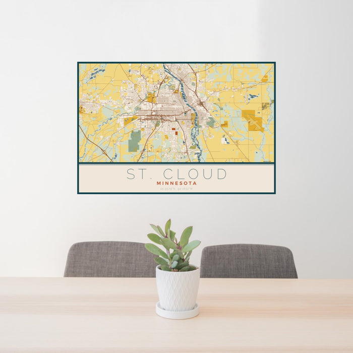 24x36 St. Cloud Minnesota Map Print Landscape Orientation in Woodblock Style Behind 2 Chairs Table and Potted Plant