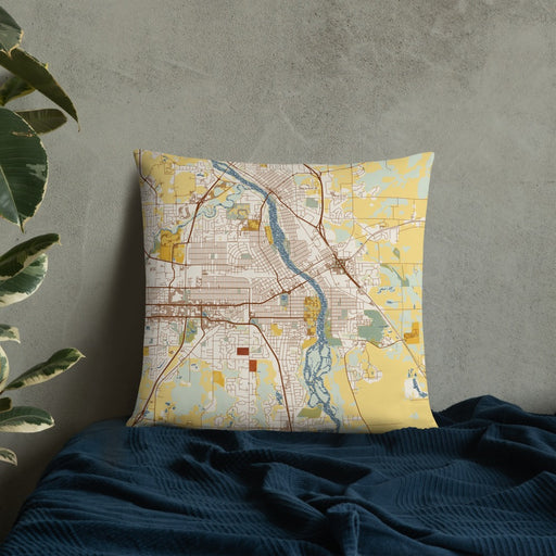 Custom St. Cloud Minnesota Map Throw Pillow in Woodblock on Bedding Against Wall
