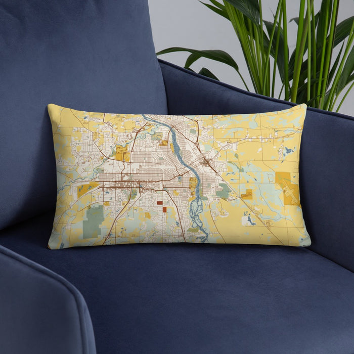 Custom St. Cloud Minnesota Map Throw Pillow in Woodblock on Blue Colored Chair