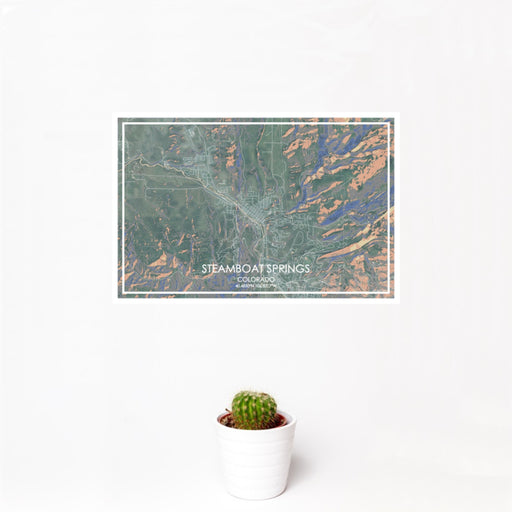12x18 Steamboat Springs Colorado Map Print Landscape Orientation in Afternoon Style With Small Cactus Plant in White Planter