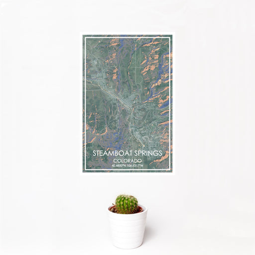 12x18 Steamboat Springs Colorado Map Print Portrait Orientation in Afternoon Style With Small Cactus Plant in White Planter