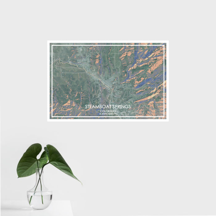 16x24 Steamboat Springs Colorado Map Print Landscape Orientation in Afternoon Style With Tropical Plant Leaves in Water