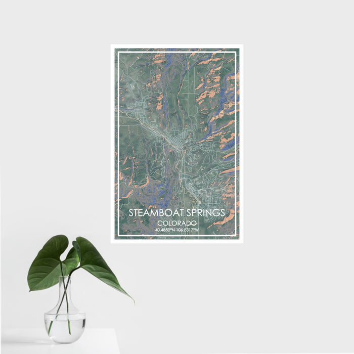 16x24 Steamboat Springs Colorado Map Print Portrait Orientation in Afternoon Style With Tropical Plant Leaves in Water