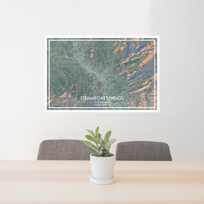 24x36 Steamboat Springs Colorado Map Print Lanscape Orientation in Afternoon Style Behind 2 Chairs Table and Potted Plant