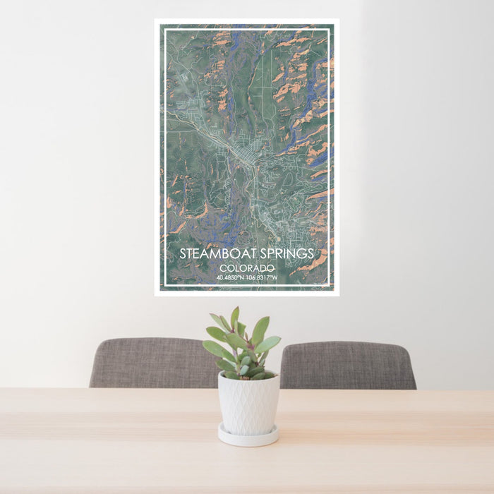 24x36 Steamboat Springs Colorado Map Print Portrait Orientation in Afternoon Style Behind 2 Chairs Table and Potted Plant