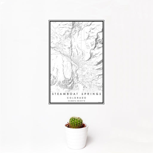 12x18 Steamboat Springs Colorado Map Print Portrait Orientation in Classic Style With Small Cactus Plant in White Planter