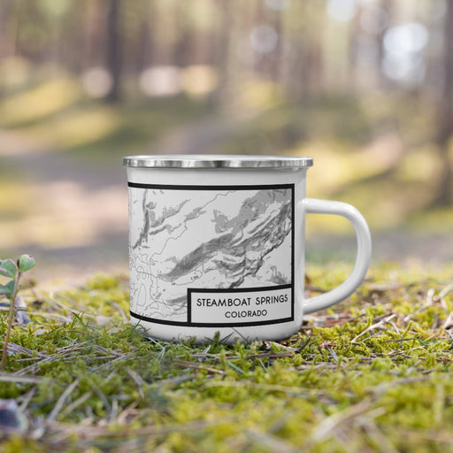 Right View Custom Steamboat Springs Colorado Map Enamel Mug in Classic on Grass With Trees in Background