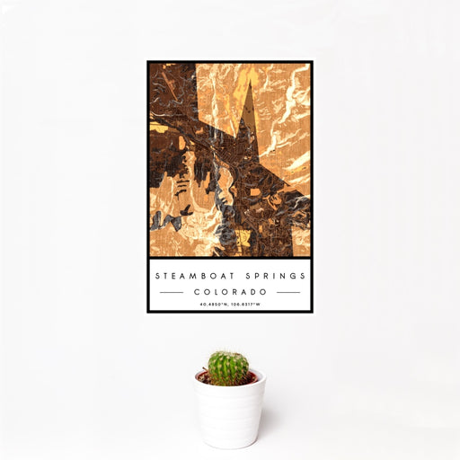 12x18 Steamboat Springs Colorado Map Print Portrait Orientation in Ember Style With Small Cactus Plant in White Planter