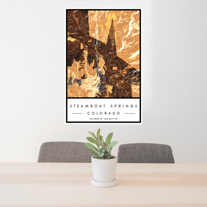 24x36 Steamboat Springs Colorado Map Print Portrait Orientation in Ember Style Behind 2 Chairs Table and Potted Plant