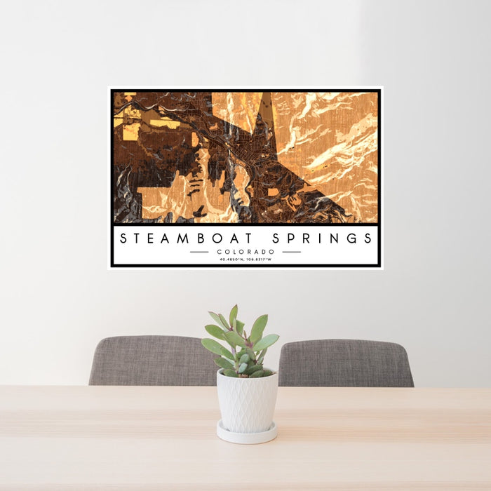 24x36 Steamboat Springs Colorado Map Print Landscape Orientation in Ember Style Behind 2 Chairs Table and Potted Plant