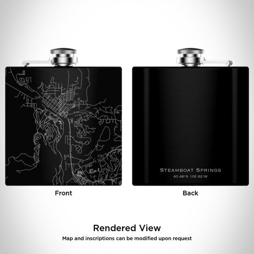 Rendered View of Steamboat Springs Colorado Map Engraving on 6oz Stainless Steel Flask in Black