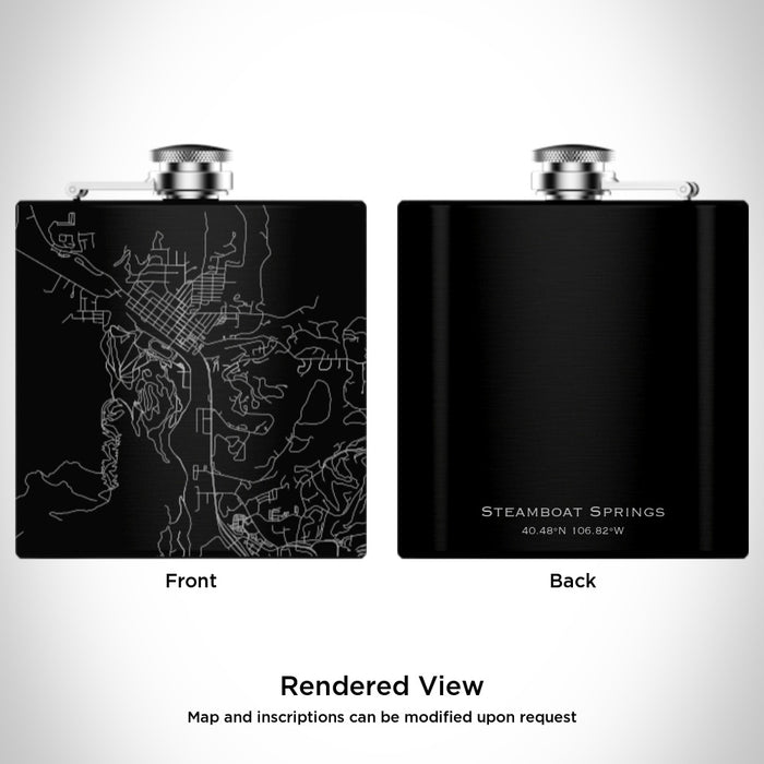 Rendered View of Steamboat Springs Colorado Map Engraving on 6oz Stainless Steel Flask in Black