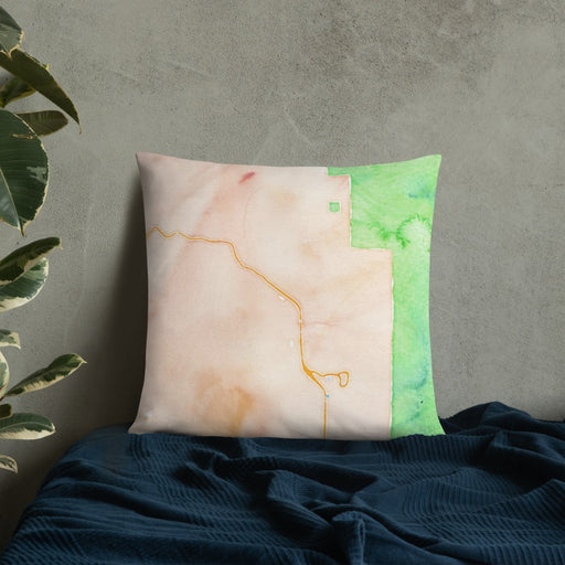 Custom Steamboat Springs Colorado Map Throw Pillow in Watercolor on Bedding Against Wall
