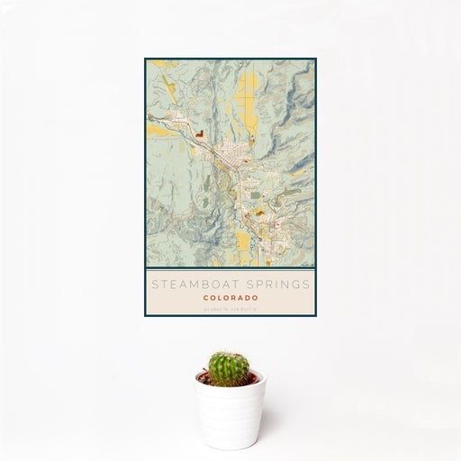 12x18 Steamboat Springs Colorado Map Print Portrait Orientation in Woodblock Style With Small Cactus Plant in White Planter