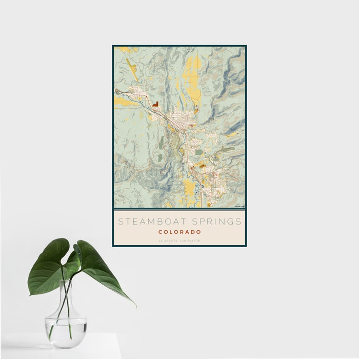 16x24 Steamboat Springs Colorado Map Print Portrait Orientation in Woodblock Style With Tropical Plant Leaves in Water