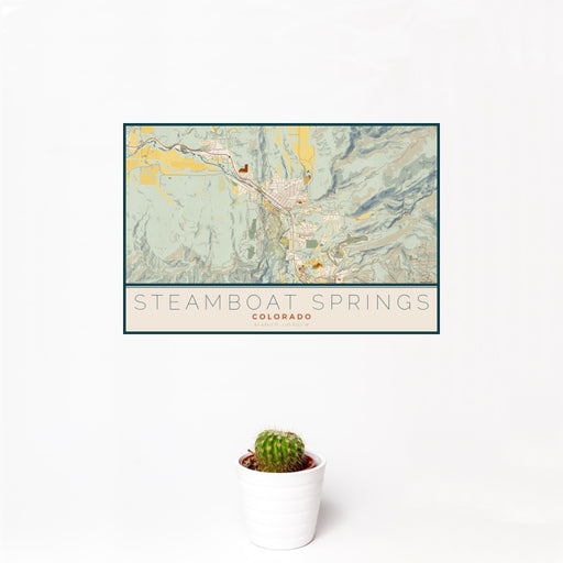 12x18 Steamboat Springs Colorado Map Print Landscape Orientation in Woodblock Style With Small Cactus Plant in White Planter