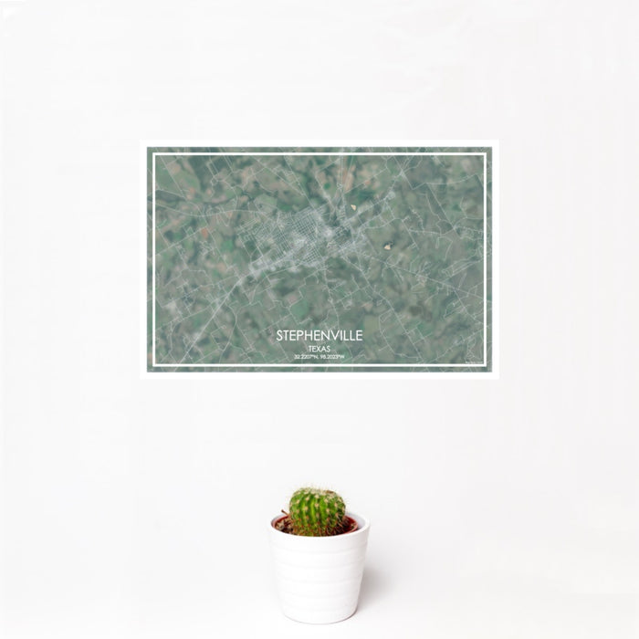 12x18 Stephenville Texas Map Print Landscape Orientation in Afternoon Style With Small Cactus Plant in White Planter