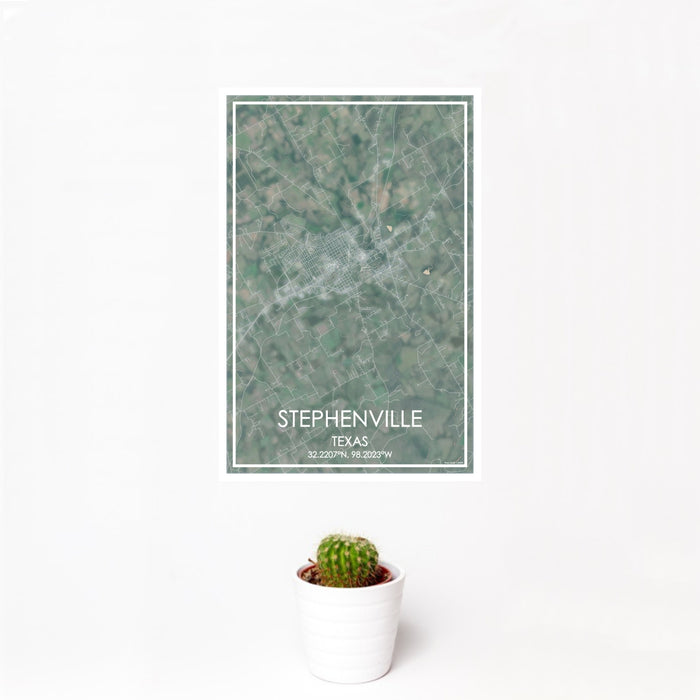 12x18 Stephenville Texas Map Print Portrait Orientation in Afternoon Style With Small Cactus Plant in White Planter