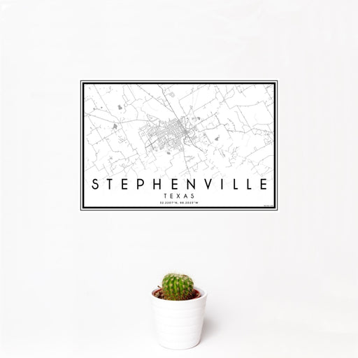 12x18 Stephenville Texas Map Print Landscape Orientation in Classic Style With Small Cactus Plant in White Planter