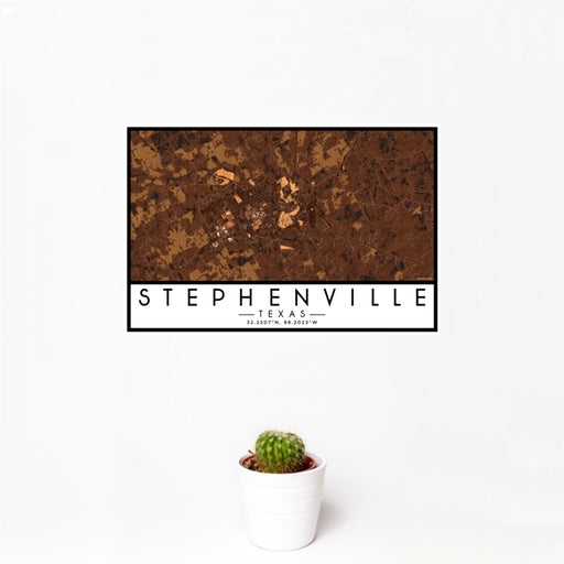 12x18 Stephenville Texas Map Print Landscape Orientation in Ember Style With Small Cactus Plant in White Planter