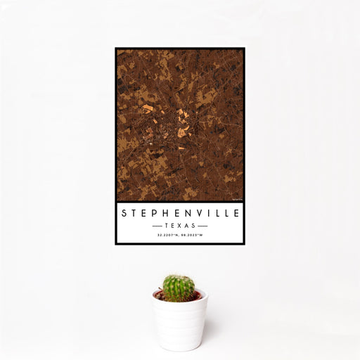 12x18 Stephenville Texas Map Print Portrait Orientation in Ember Style With Small Cactus Plant in White Planter