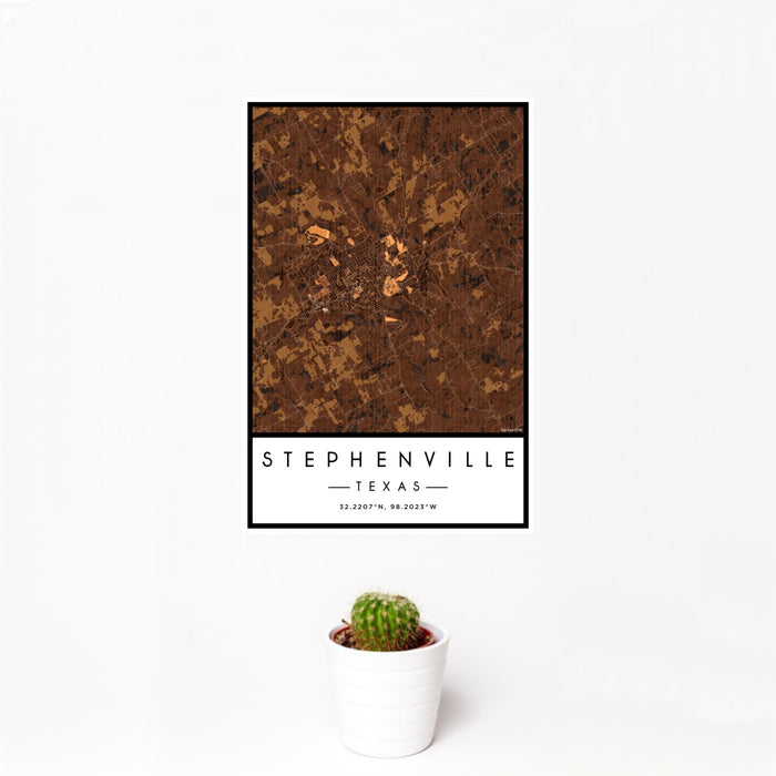 12x18 Stephenville Texas Map Print Portrait Orientation in Ember Style With Small Cactus Plant in White Planter