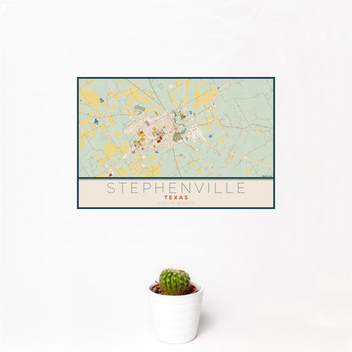 12x18 Stephenville Texas Map Print Landscape Orientation in Woodblock Style With Small Cactus Plant in White Planter