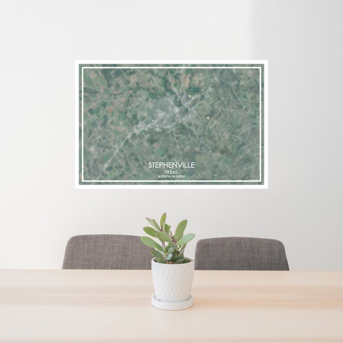 24x36 Stephenville Texas Map Print Lanscape Orientation in Afternoon Style Behind 2 Chairs Table and Potted Plant