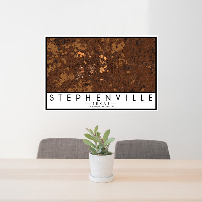 24x36 Stephenville Texas Map Print Lanscape Orientation in Ember Style Behind 2 Chairs Table and Potted Plant