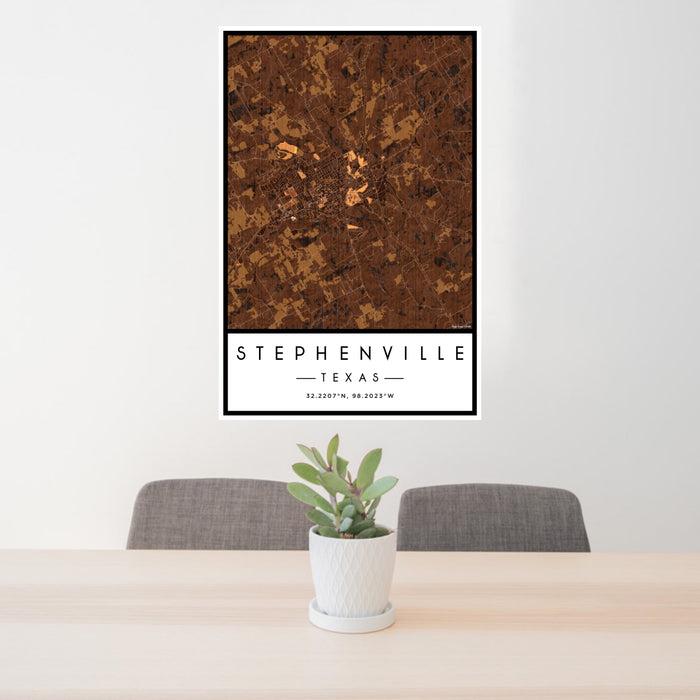 24x36 Stephenville Texas Map Print Portrait Orientation in Ember Style Behind 2 Chairs Table and Potted Plant
