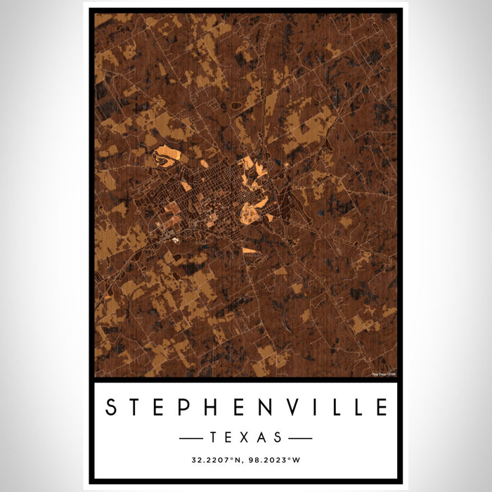 Stephenville Texas Map Print Portrait Orientation in Ember Style With Shaded Background