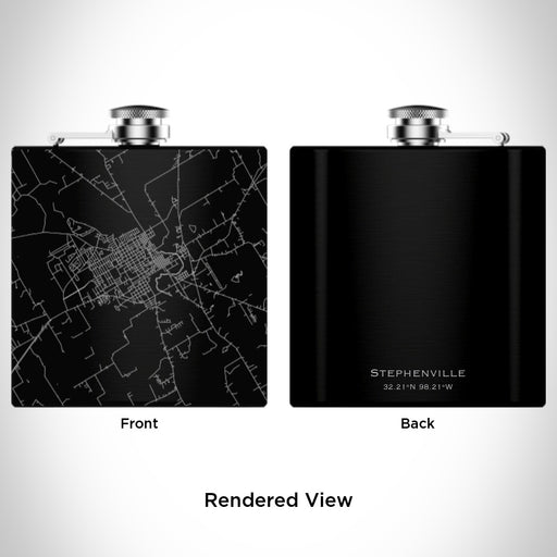 Rendered View of Stephenville Texas Map Engraving on 6oz Stainless Steel Flask in Black