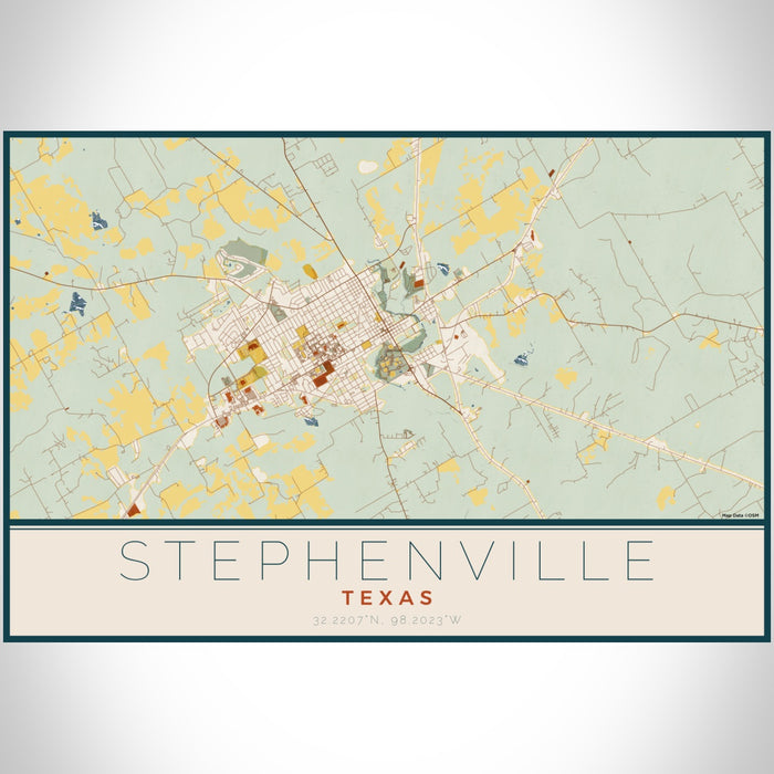 Stephenville Texas Map Print Landscape Orientation in Woodblock Style With Shaded Background