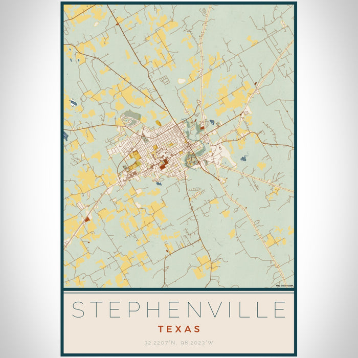 Stephenville Texas Map Print Portrait Orientation in Woodblock Style With Shaded Background