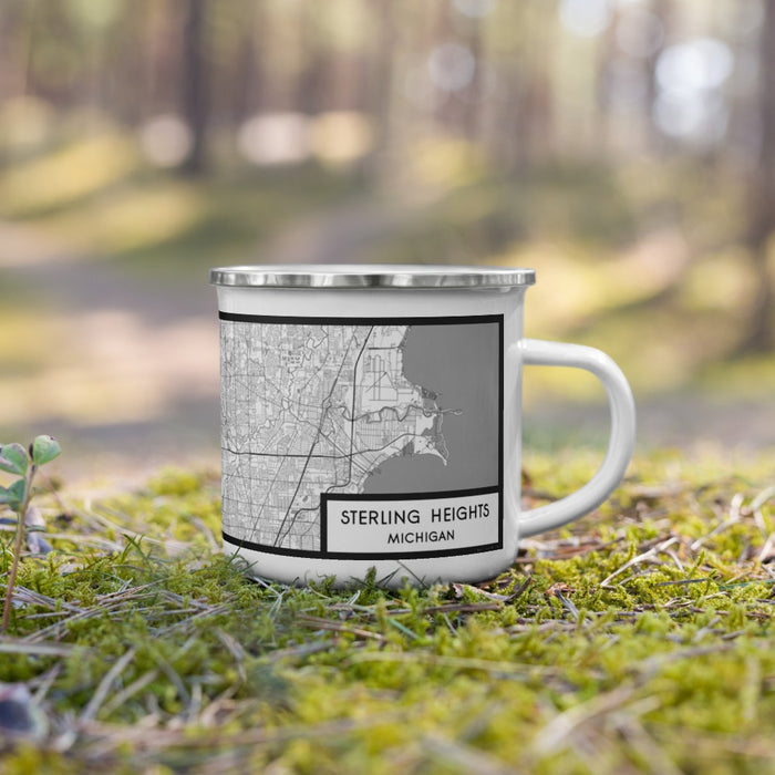 Right View Custom Sterling Heights Michigan Map Enamel Mug in Classic on Grass With Trees in Background