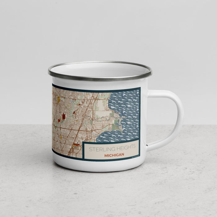 Right View Custom Sterling Heights Michigan Map Enamel Mug in Woodblock