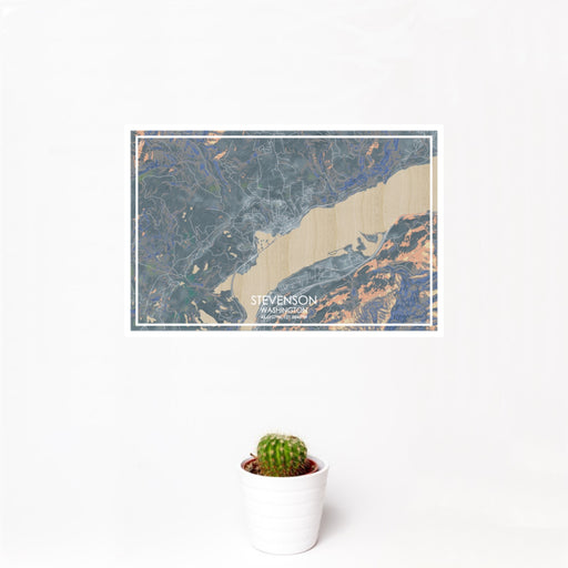 12x18 Stevenson Washington Map Print Landscape Orientation in Afternoon Style With Small Cactus Plant in White Planter