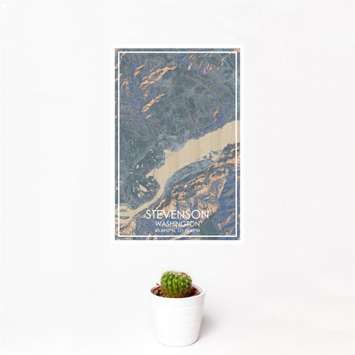 12x18 Stevenson Washington Map Print Portrait Orientation in Afternoon Style With Small Cactus Plant in White Planter