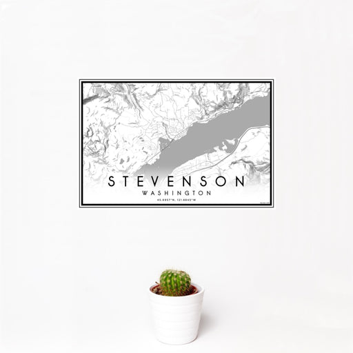 12x18 Stevenson Washington Map Print Landscape Orientation in Classic Style With Small Cactus Plant in White Planter