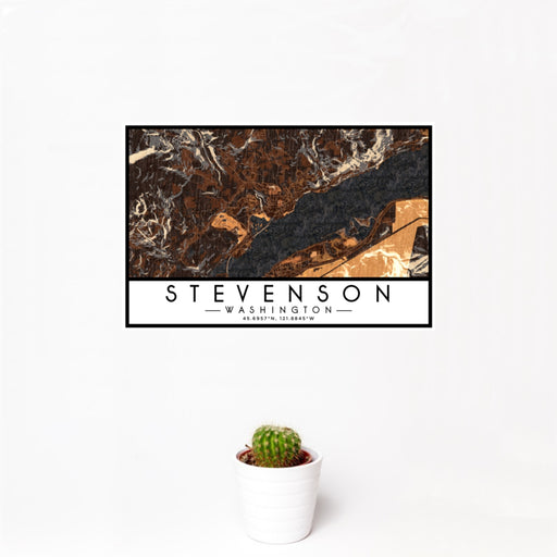 12x18 Stevenson Washington Map Print Landscape Orientation in Ember Style With Small Cactus Plant in White Planter